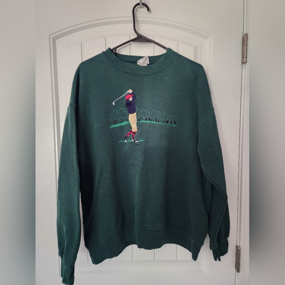 VTG Nutmeg Mills Golf Sweater Men's Size Large Made in USA Dk Green Vtg Golfer